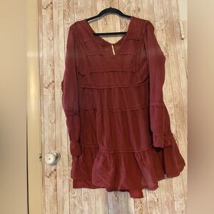 Free People Berlin Mini Dress Burgundy Long Sleeve sheer size medium tiered